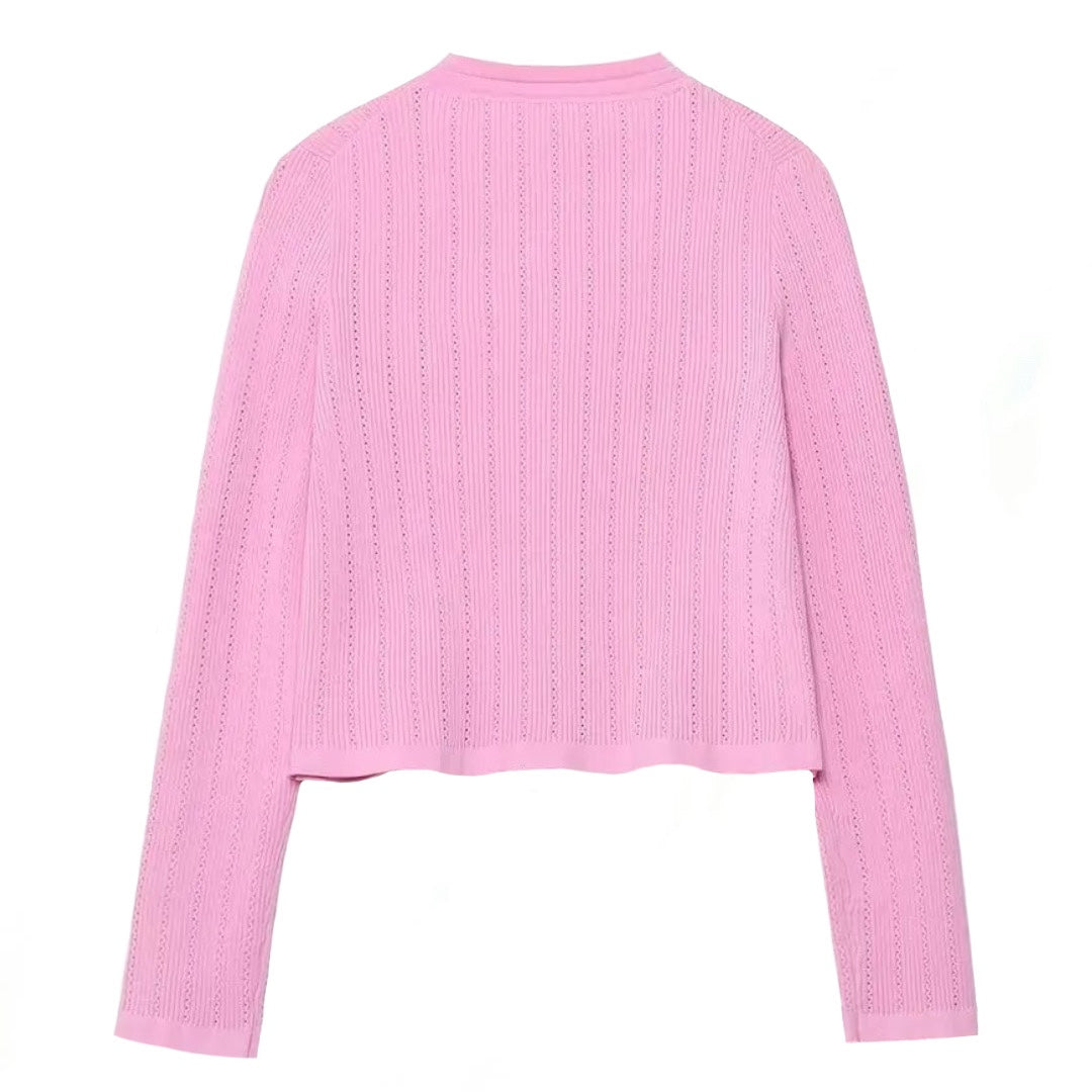 Light Pink Knit Gold Button-Down Cropped Cardigan Sweater for women and teens. Soft, cozy, and lightweight ribbed knitwear with gold buttons, cropped silhouette, and elegant pastel tone. Feminine, chic, and trendy cardigan inspired by Parisian chic, coquette, and preppy fashion. Perfect for fall, autumn, and winter 2025 outfits. Ships globally and worldwide to the US, UK, Canada, Australia, Europe, and Asia.