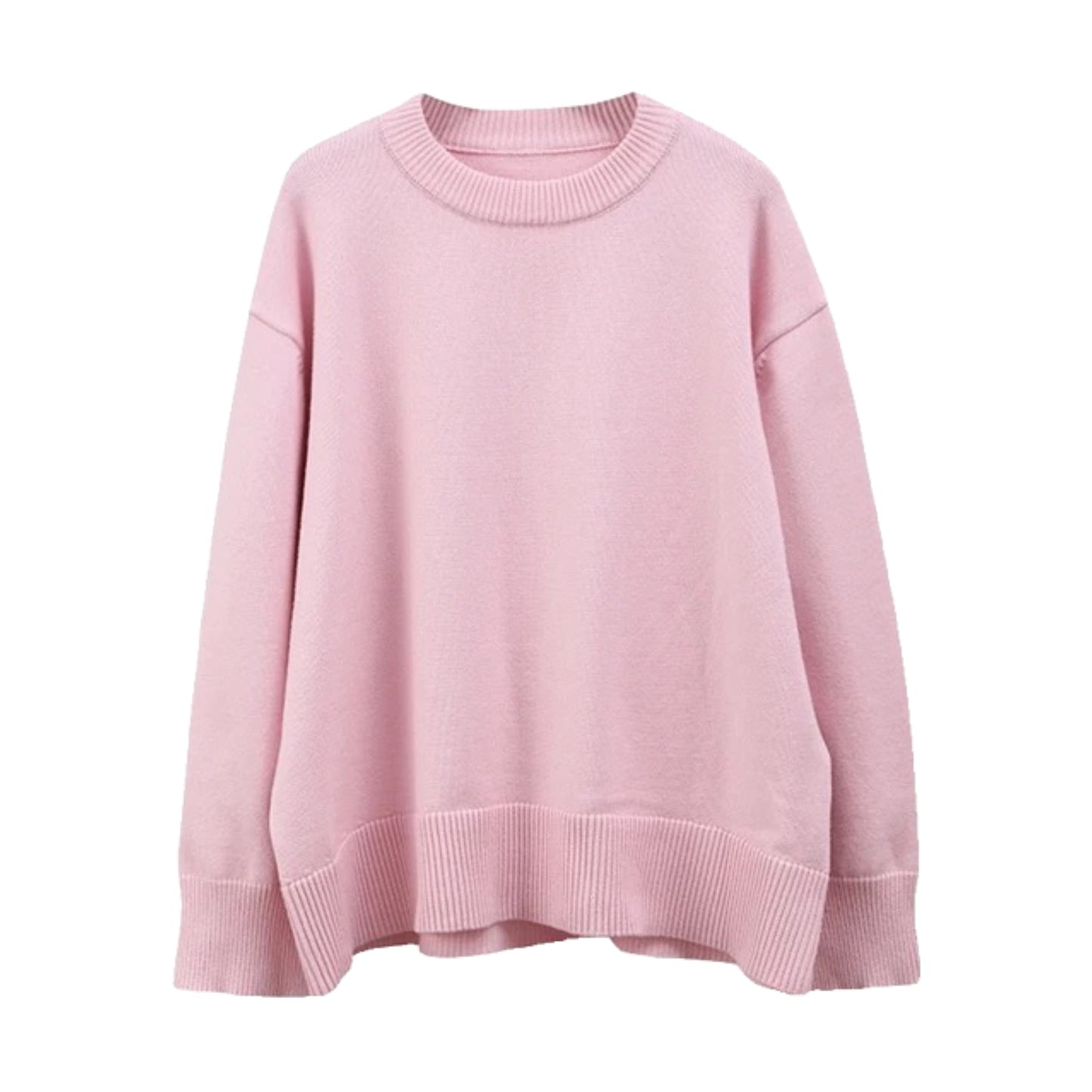 Light Pink Knit Woolen Oversized Long Sleeve Pullover Sweater for women and teens. Soft, cozy, warm ribbed knitwear with a relaxed fit and round neckline. Chic pastel pink, baby pink, and bubblegum pink chunky knit jumper perfect for fall, winter, and holiday outfits. Feminine Scandinavian, soft girl, clean girl, and preppy style knitwear. Ships globally and worldwide to the US, UK, Canada, Australia, Europe, Asia, and more.