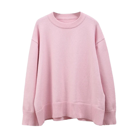Light Pink Knit Woolen Oversized Long Sleeve Pullover Sweater for women and teens. Soft, cozy, warm ribbed knitwear with a relaxed fit and round neckline. Chic pastel pink, baby pink, and bubblegum pink chunky knit jumper perfect for fall, winter, and holiday outfits. Feminine Scandinavian, soft girl, clean girl, and preppy style knitwear. Ships globally and worldwide to the US, UK, Canada, Australia, Europe, Asia, and more.