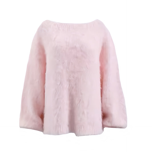 Light pink knit woolen oversized long sleeve pullover sweater for women and teens. Soft, cozy, thick, and fuzzy knitwear with a crewneck round neckline and baggy relaxed fit. Pastel pink chunky knit jumper perfect for fall, autumn, and winter 2025. Feminine, elegant, and trendy Scandinavian preppy fashion inspired by Copenhagen street style, Stockholm chic, après ski, and pink winter looks. Ships globally to the US, UK, Canada, Australia, New Zealand, Europe, Asia, France, Germany, Italy, Spain, Denmark.