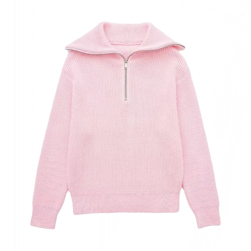 Light pink knitted quarter-zip pullover sweater for women and teens, soft pastel ribbed chunky knit with collared neckline and silver zipper, oversized cozy warm knitwear perfect for fall autumn winter 2025, elegant feminine Scandinavian streetwear inspired by Zara and Aritzia dupe styles, trendy pink sweater shipping globally worldwide to US, UK, Canada, Europe, Australia, and Asia.