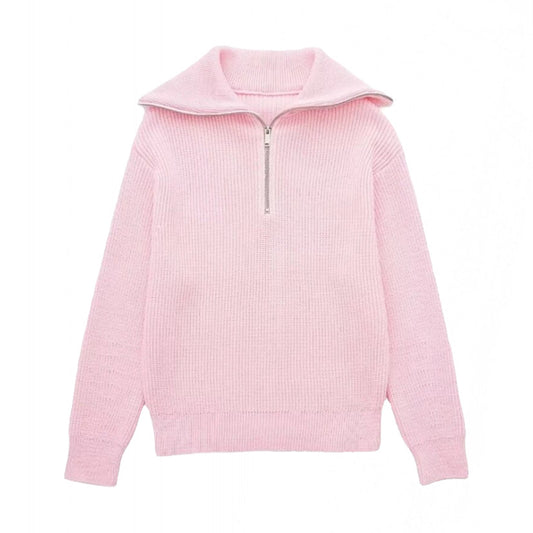 Light pink knitted quarter-zip pullover sweater for women and teens, soft pastel ribbed chunky knit with collared neckline and silver zipper, oversized cozy warm knitwear perfect for fall autumn winter 2025, elegant feminine Scandinavian streetwear inspired by Zara and Aritzia dupe styles, trendy pink sweater shipping globally worldwide to US, UK, Canada, Europe, Australia, and Asia.