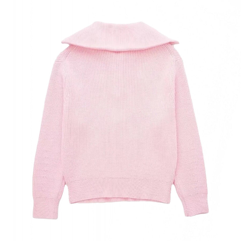 Light pink knitted quarter-zip pullover sweater for women and teens, soft pastel ribbed chunky knit with collared neckline and silver zipper, oversized cozy warm knitwear perfect for fall autumn winter 2025, elegant feminine Scandinavian streetwear inspired by Zara and Aritzia dupe styles, trendy pink sweater shipping globally worldwide to US, UK, Canada, Europe, Australia, and Asia.