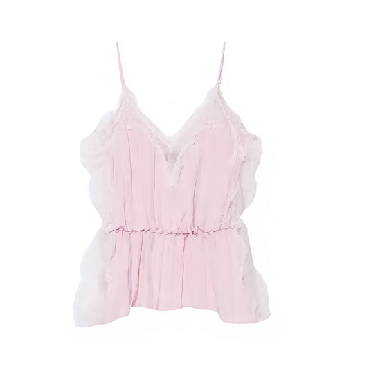 Light pink baby pink pastel pink ice pink white floral lace trim v-neck camisole tank top with satin silk flowy sheath ruffle trim plisse pleated tiered flared peplum ruched design. Slim fit skinny fit sleeveless spaghetti strap backless crop blouse for women, teens, and ladies. Chic trendy casual elegant sexy summer top for beach vacation, euro summer, Ibiza fashion, rave outfit, festival outfit, concert outfit, disco party, club wear, night out, boho chic style, coquette aesthetic, y2k fashion, fairycore.