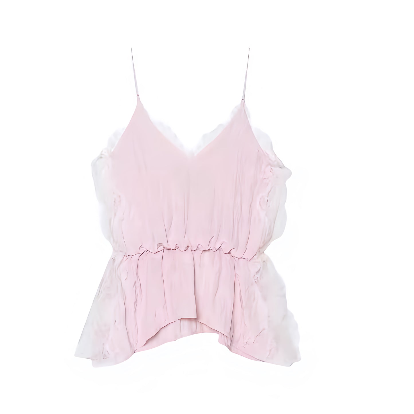 Light pink baby pink pastel pink ice pink white floral lace trim v-neck camisole tank top with satin silk flowy sheath ruffle trim plisse pleated tiered flared peplum ruched design. Slim fit skinny fit sleeveless spaghetti strap backless crop blouse for women, teens, and ladies. Chic trendy casual elegant sexy summer top for beach vacation, euro summer, Ibiza fashion, rave outfit, festival outfit, concert outfit, disco party, club wear, night out, boho chic style, coquette aesthetic, y2k fashion, fairycore.