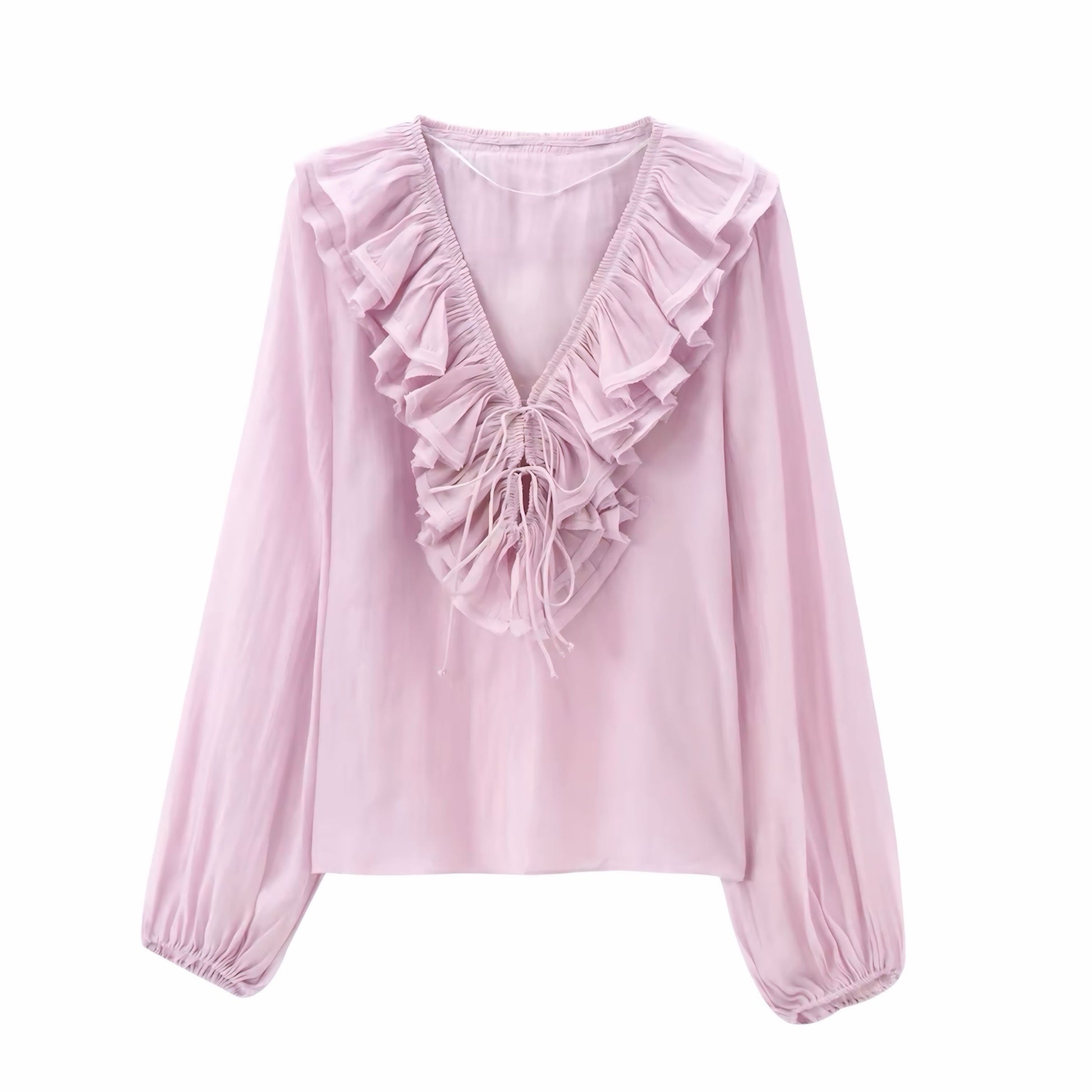 Light pink layered ruffle trim V-neck bohemian long sleeve blouse top for women, teens, and ladies. Linen slim fit sheath-style blouse with chic ruffled detailing, crop cut, feminine silhouette, and elegant casual design. Perfect for 2025 summer and fall fashion, everyday wear, evening looks, festivals, concerts, Euro summer, Ibiza style, beach vacations, boho chic, Stockholm streetwear, retro western and preppy style fashion. Ships worldwide to USA, Australia, New Zealand, UK, Canada, Germany, Europe