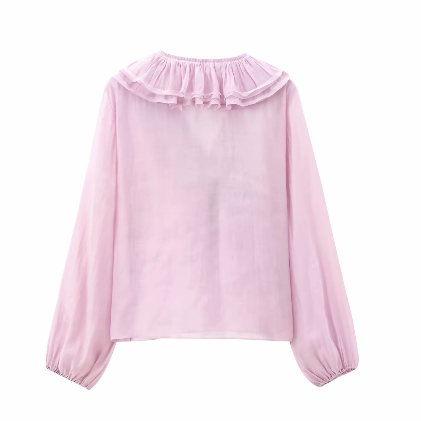 Light pink layered ruffle trim V-neck bohemian long sleeve blouse top for women, teens, and ladies. Linen slim fit sheath-style blouse with chic ruffled detailing, crop cut, feminine silhouette, and elegant casual design. Perfect for 2025 summer and fall fashion, everyday wear, evening looks, festivals, concerts, Euro summer, Ibiza style, beach vacations, boho chic, Stockholm streetwear, retro western and preppy style fashion. Ships worldwide to USA, Australia, New Zealand, UK, Canada, Germany, Europe