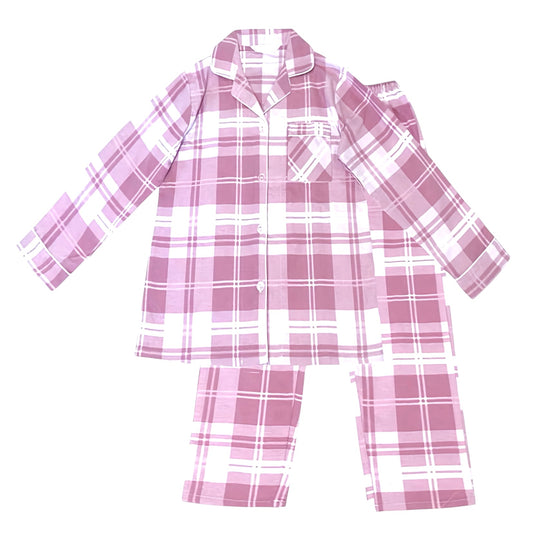 Light pink and white plaid cotton pajama set for women featuring a soft breathable cotton blend fabric. Two piece loungewear set includes a long sleeve button down collared top with front pocket and matching wide leg pants with pockets. Cozy, comfy, and feminine plaid pattern inspired by Roller Rabbit and Eberjey. Perfect for lounging, sleepwear, or holiday gifting. Ships worldwide to US, UK, Canada, Australia, New Zealand, Europe, and Asia.

