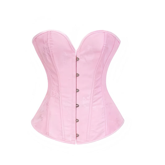 Light pink satin lace-up strapless bustier corset top with sweetheart neckline, slim fit bodycon silhouette, and floral patterned satin detail. Sexy bubblegum pink barbie pink crop tube top for women, teens, and ladies. Perfect for chic trendy evening outfits, going out looks, parties, night out, club wear, rave, festival, concert, vintage retro Y2K fashion, coquette style, and Halloween adults princess costume or halloweekend 2025 outfit. Ships globally worldwide to US, Australia, New Zealand, UK, Canada.