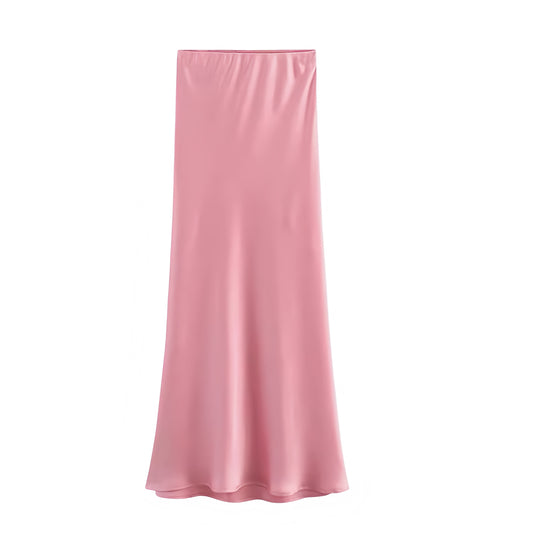Light pink satin low rise midi skirt for women and teens. Slim fit bodycon a line silhouette slip sheath pencil plisse flowy midi maxi skirt. Elegant chic trendy feminine Y2K summer fall fashion. Perfect for holiday vacation casual everyday sorority rush school festival concert rave sexy club wear Ibiza style boho chic Euro summer beach evening party night out outfit. Ships globally worldwide to USA, UK, Canada, Australia, New Zealand, Germany, France, Ireland, Denmark, Sweden, Switzerland, Spain, Europe 