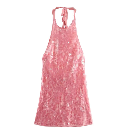 Light pink sequin embellished slim fit bodycon halter sleeveless sheath mini dress for women and teens chic boho Ibiza style Y2K sundress slip dress sexy it girl that girl trendy rave club party festival night out summer vacation fashion 2025 with global international shipping USA Canada UK Europe Asia Australia