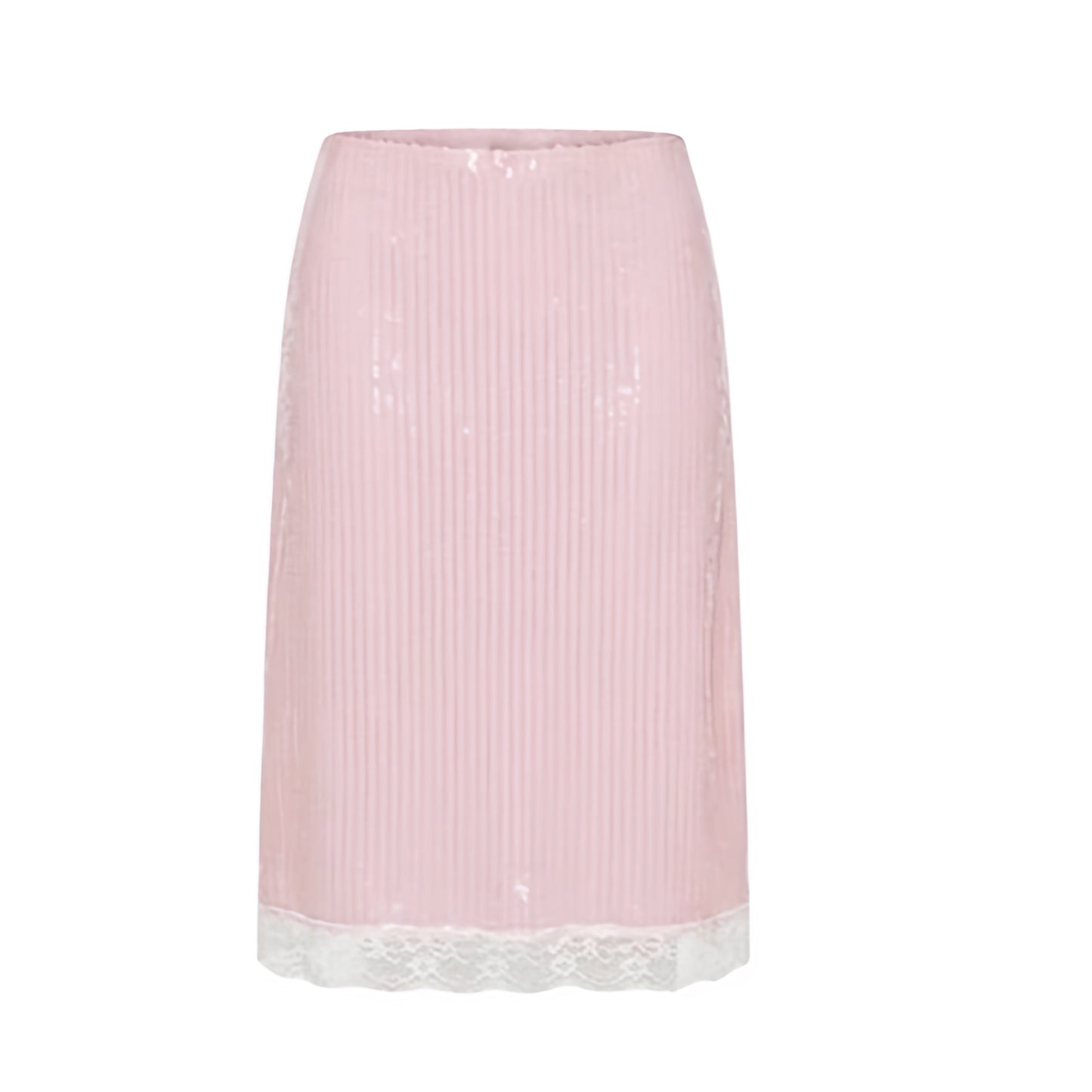 Light pink baby pink pastel pink sequin embellished lace trim slim fit low-rise midi skirt with white floral lace trim, sparkly sequined beaded shimmer detailing and bodycon pencil silhouette. Y2K coquette, dollette, soft girl, soft feminine, party, disco, Ibiza, festival, mermaidcore, tropicalcore, beach vacation and baddie outfit.