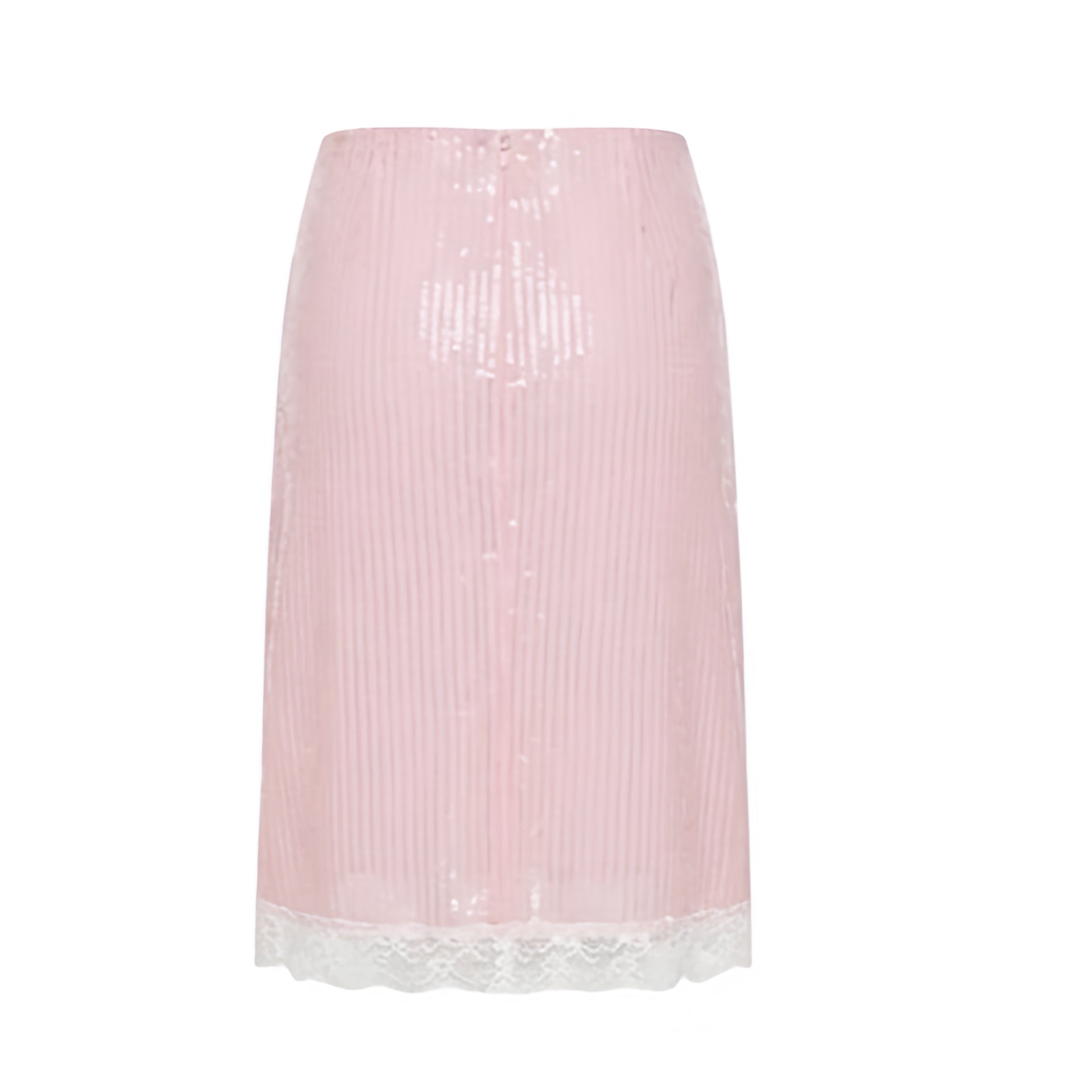 Light pink baby pink pastel pink sequin embellished lace trim slim fit low-rise midi skirt with white floral lace trim, sparkly sequined beaded shimmer detailing and bodycon pencil silhouette. Y2K coquette, dollette, soft girl, soft feminine, party, disco, Ibiza, festival, mermaidcore, tropicalcore, beach vacation and baddie outfit.