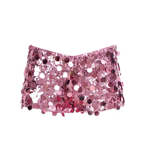 Pink sequin embellished metallic slim fit low rise mini booty shorts for women and teens chic boho Ibiza style Y2K sexy it girl that girl trendy rave concert club party festival night out summer vacation fashion 2025 with global international shipping USA Canada UK Europe Asia Australia
