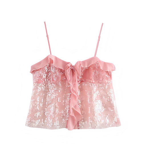 Light pink sequin embellished slim fit ruffle trim sweetheart neckline spaghetti strap sleeveless backless crop tank top blouse for women teens chic boho Ibiza style Y2K sexy it girl that girl trendy summer vacation rave concert festival party club fashion 2025 with worldwide global shipping USA Canada UK Europe Asia Australia