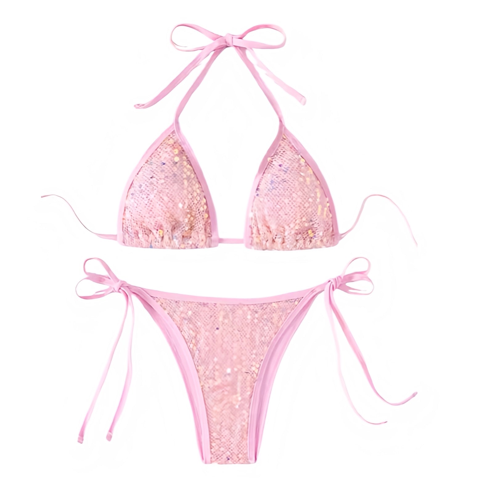 Light pink baby pink pastel pink coral pink sequin embellished triangle string bikini set with spaghetti strap 2 piece matching swimwear. Sparkly glittery shimmery beaded bikini in slim fit skinny fit wireless wire free halter tie neck v neck backless thong string design. Chic feminine bikini for womens teens ladies perfect beach vacation summer vacation euro summer Ibiza style rave festival outfit disco party beach club resort wear mermaidcore tropicalcore Florida aesthetic y2k fashion.