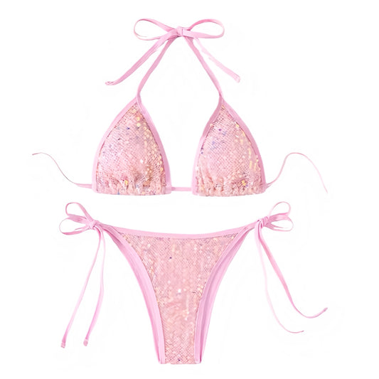 Light pink baby pink pastel pink coral pink sequin embellished triangle string bikini set with spaghetti strap 2 piece matching swimwear. Sparkly glittery shimmery beaded bikini in slim fit skinny fit wireless wire free halter tie neck v neck backless thong string design. Chic feminine bikini for womens teens ladies perfect beach vacation summer vacation euro summer Ibiza style rave festival outfit disco party beach club resort wear mermaidcore tropicalcore Florida aesthetic y2k fashion.