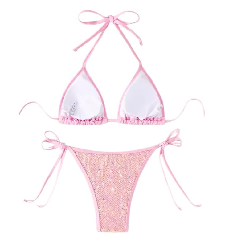 Light pink baby pink pastel pink coral pink sequin embellished triangle string bikini set with spaghetti strap 2 piece matching swimwear. Sparkly glittery shimmery beaded bikini in slim fit skinny fit wireless wire free halter tie neck v neck backless thong string design. Chic feminine bikini for womens teens ladies perfect beach vacation summer vacation euro summer Ibiza style rave festival outfit disco party beach club resort wear mermaidcore tropicalcore Florida aesthetic y2k fashion.

