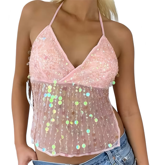 Light pink sequin embellished v-neck backless halter crop tank top slim fit sleeveless spaghetti strap sexy chic boho bodycon translucent trendy festival rave party clubwear euro summer Ibiza style mermaid core night out 2025 fashion women teens worldwide shipping USA Canada UK Australia Europe Asia