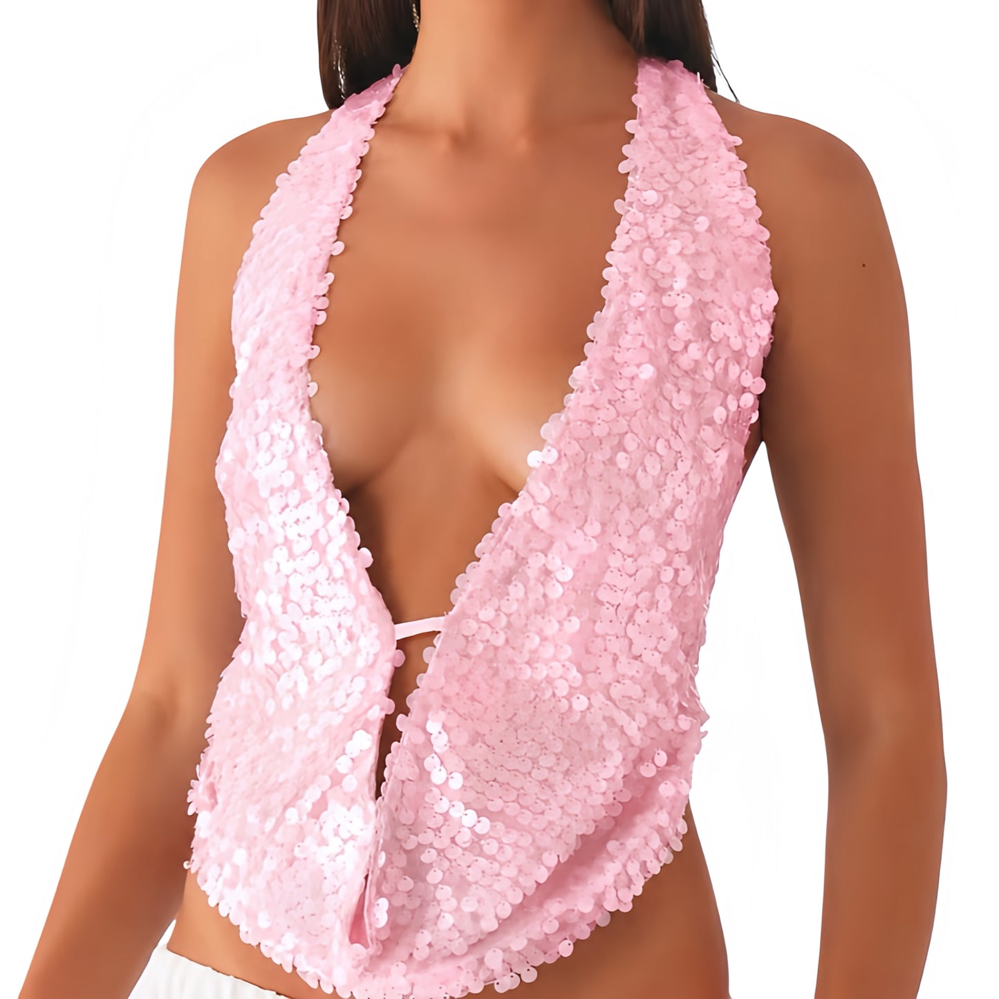 Light pink sequin v-neck backless halter top in baby pink and pastel pink with bead crochet, sequin, sequined, beaded, sparkly, shimmery and glittery detailing. Slim fit skinny fit sleeveless crop top with halter v neck, split neck, open back, cut out and hollow out design. Perfect for Y2K style, 2000s fashion, summer 2026, Ibiza outfits, beach vacation outfits, festival outfits, concert outfits, disco parties, mermaidcore, fairycore, tropicalcore, boho chic and baddie outfits.