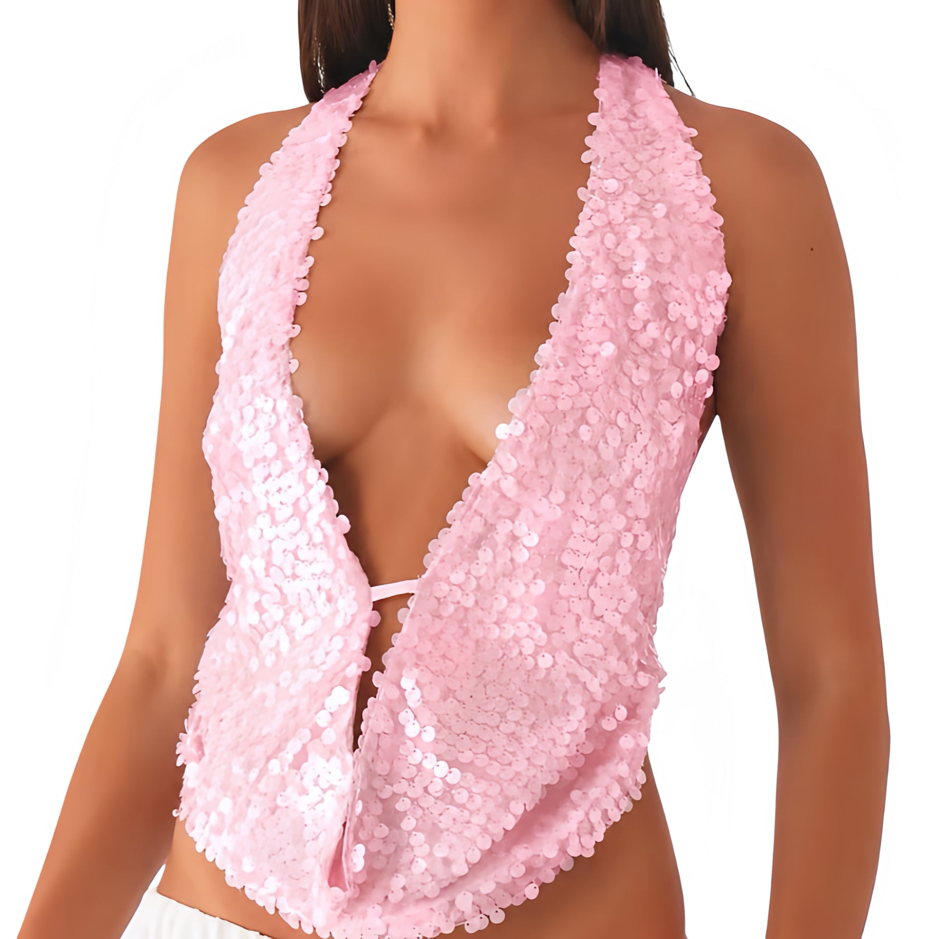 Light pink sequin v-neck backless halter top in baby pink and pastel pink with bead crochet, sequin, sequined, beaded, sparkly, shimmery and glittery detailing. Slim fit skinny fit sleeveless crop top with halter v neck, split neck, open back, cut out and hollow out design. Perfect for Y2K style, 2000s fashion, summer 2026, Ibiza outfits, beach vacation outfits, festival outfits, concert outfits, disco parties, mermaidcore, fairycore, tropicalcore, boho chic and baddie outfits.