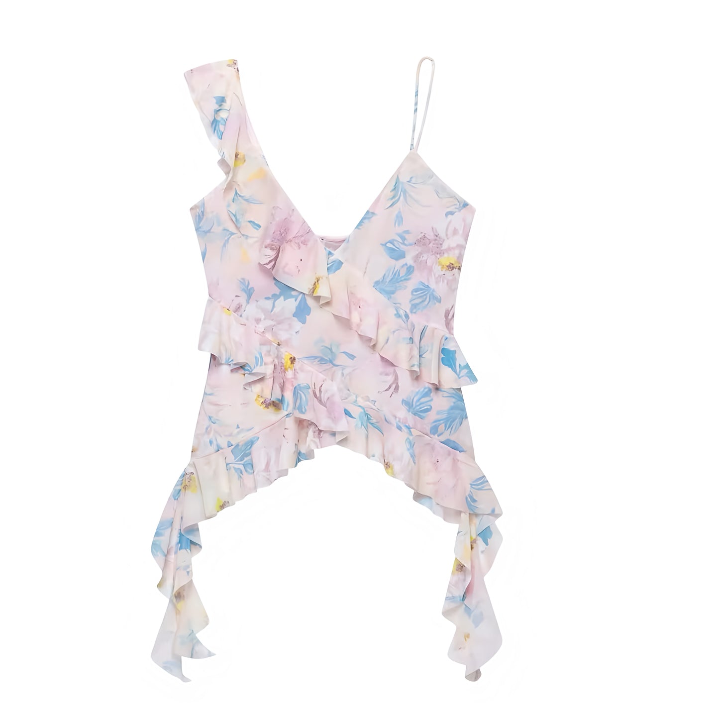 Light Pink Floral Print Multicolor Blue Yellow Flower Patterned Layered Ruffle Trim V-Neck Slim Fit Spaghetti Strap Sleeveless Backless Crop Tank Top Blouse for Women and Teens Feminine Summer 2025 Fashion