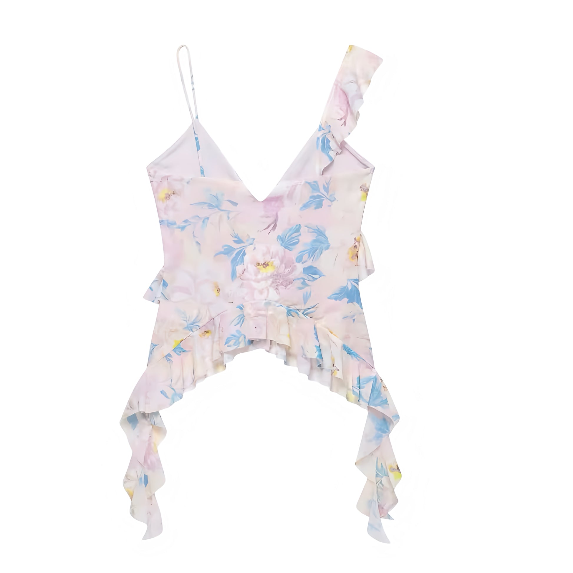 Light Pink Floral Print Multicolor Blue Yellow Flower Patterned Layered Ruffle Trim V-Neck Slim Fit Spaghetti Strap Sleeveless Backless Crop Tank Top Blouse for Women and Teens Feminine Summer 2025 Fashion