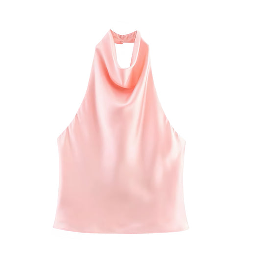 Light Pink Satin Draped Scoop Neck V-Neck Ruched Halter Crop Tank Top Camisole Blouse Sleeveless Backless Slim Fit Women Teens Coquette Preppy Chic Aritzia Dupe Y2K Summer 2025 Fashion Available worldwide with fast shipping to US, UK, Canada, Australia, France, Germany, Denmark, Europe, and Asia.