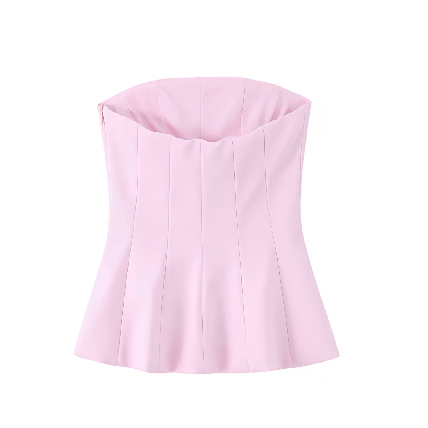 Light pink slim fit strapless corset top for women, teens, and ladies. Bodycon bustier crop blouse with bandeau tube style, peplum hem, plisse pleated detail, square neckline, sleeveless chic feminine Y2K fashion. Sexy coquette aesthetic, preppy style, sorority rush, club wear, evening party, night out, going out, holiday vacation, summer and fall 2025 casual everyday outfit. Ships globally and worldwide to USA, Australia, New Zealand, UK, Canada, Germany, France, Ireland, Denmark, Sweden, Europe 