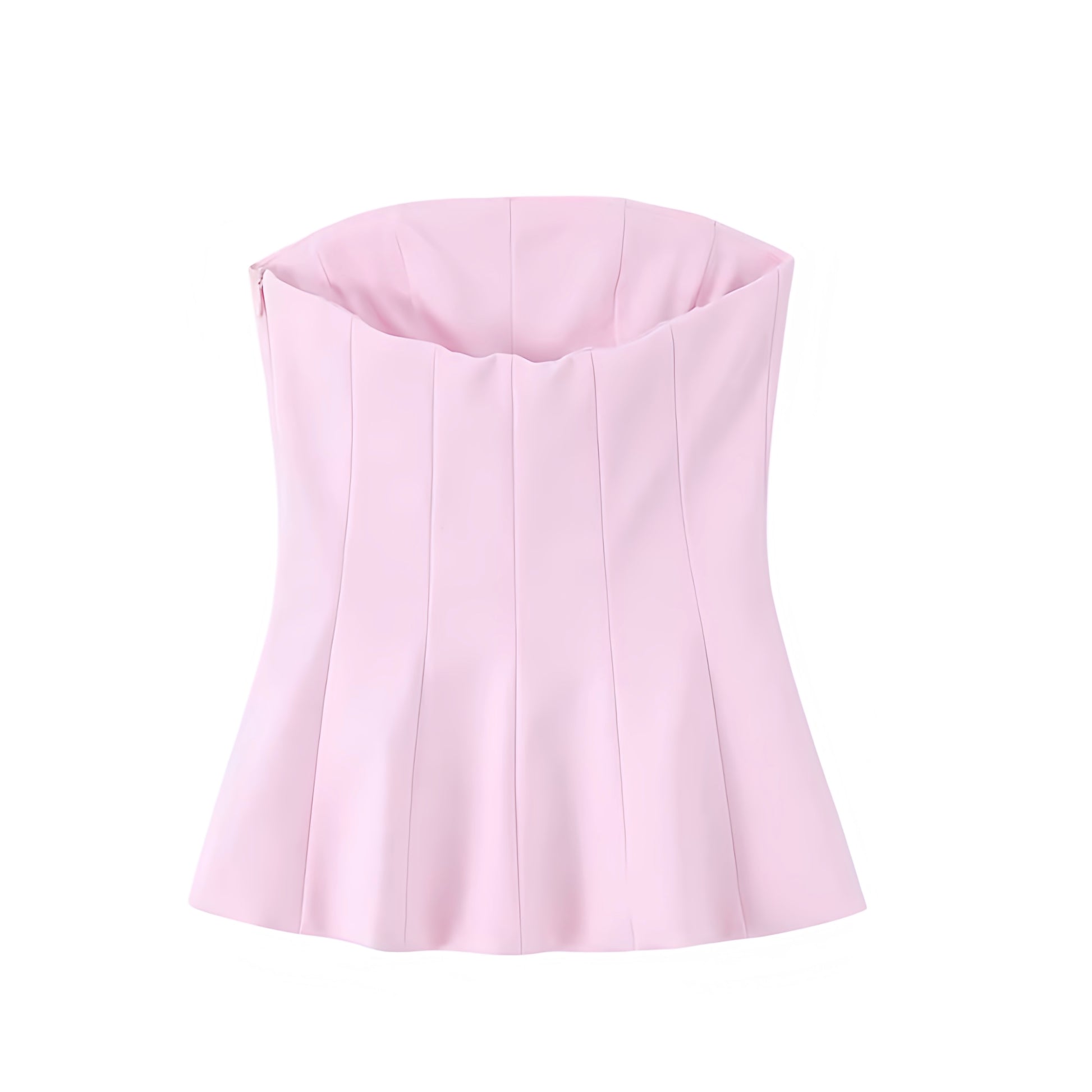 Light pink slim fit strapless corset top for women, teens, and ladies. Bodycon bustier crop blouse with bandeau tube style, peplum hem, plisse pleated detail, square neckline, sleeveless chic feminine Y2K fashion. Sexy coquette aesthetic, preppy style, sorority rush, club wear, evening party, night out, going out, holiday vacation, summer and fall 2025 casual everyday outfit. Ships globally and worldwide to USA, Australia, New Zealand, UK, Canada, Germany, France, Ireland, Denmark, Sweden, Europe 