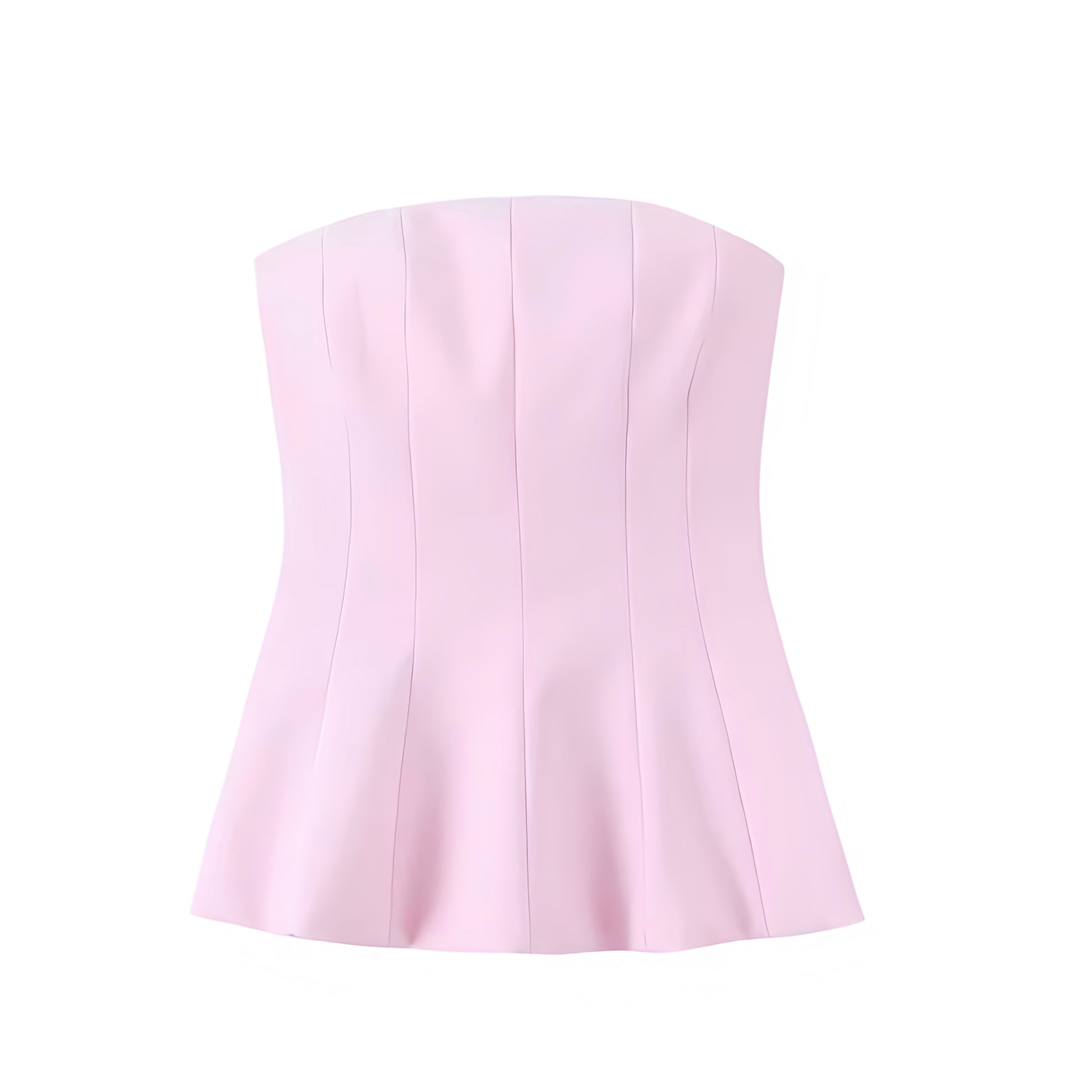 Light pink slim fit strapless corset top for women, teens, and ladies. Bodycon bustier crop blouse with bandeau tube style, peplum hem, plisse pleated detail, square neckline, sleeveless chic feminine Y2K fashion. Sexy coquette aesthetic, preppy style, sorority rush, club wear, evening party, night out, going out, holiday vacation, summer and fall 2025 casual everyday outfit. Ships globally and worldwide to USA, Australia, New Zealand, UK, Canada, Germany, France, Ireland, Denmark, Sweden, Europe 