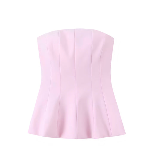 Light pink slim fit strapless corset top for women, teens, and ladies. Bodycon bustier crop blouse with bandeau tube style, peplum hem, plisse pleated detail, square neckline, sleeveless chic feminine Y2K fashion. Sexy coquette aesthetic, preppy style, sorority rush, club wear, evening party, night out, going out, holiday vacation, summer and fall 2025 casual everyday outfit. Ships globally and worldwide to USA, Australia, New Zealand, UK, Canada, Germany, France, Ireland, Denmark, Sweden, Europe 