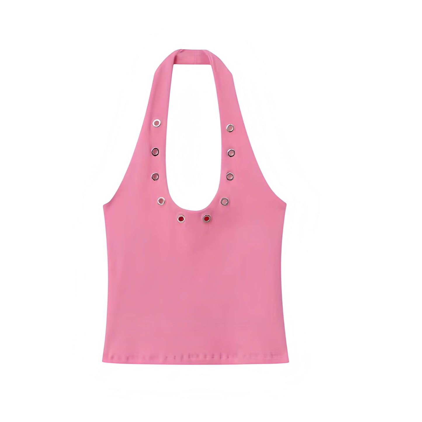Pink slim fit studded sleeveless scoop-neck backless halter tank top with metallic detailing, slim bodycon silhouette, skinny fit design, and cropped cut. Sexy corset-inspired camisole top for womens, teens, and ladies. Perfect for summer and fall 2025 feminine vintage retro fashion, casual everyday wear, Y2K chic coquette style, evening parties, night out, going out looks, sexy club wear, festival outfits, rave and concert styles, western cowgirl rockstar vibes, Ibiza fashion, boho chic, Stockholm style.