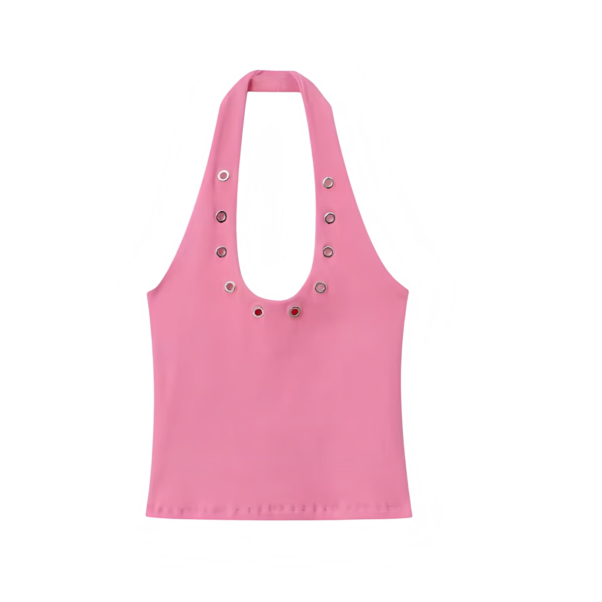 Pink slim fit studded sleeveless scoop-neck backless halter tank top with metallic detailing, slim bodycon silhouette, skinny fit design, and cropped cut. Sexy corset-inspired camisole top for womens, teens, and ladies. Perfect for summer and fall 2025 feminine vintage retro fashion, casual everyday wear, Y2K chic coquette style, evening parties, night out, going out looks, sexy club wear, festival outfits, rave and concert styles, western cowgirl rockstar vibes, Ibiza fashion, boho chic, Stockholm style.