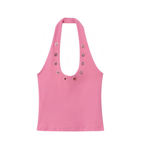 Pink slim fit studded sleeveless scoop-neck backless halter tank top with metallic detailing, slim bodycon silhouette, skinny fit design, and cropped cut. Sexy corset-inspired camisole top for womens, teens, and ladies. Perfect for summer and fall 2025 feminine vintage retro fashion, casual everyday wear, Y2K chic coquette style, evening parties, night out, going out looks, sexy club wear, festival outfits, rave and concert styles, western cowgirl rockstar vibes, Ibiza fashion, boho chic, Stockholm style.