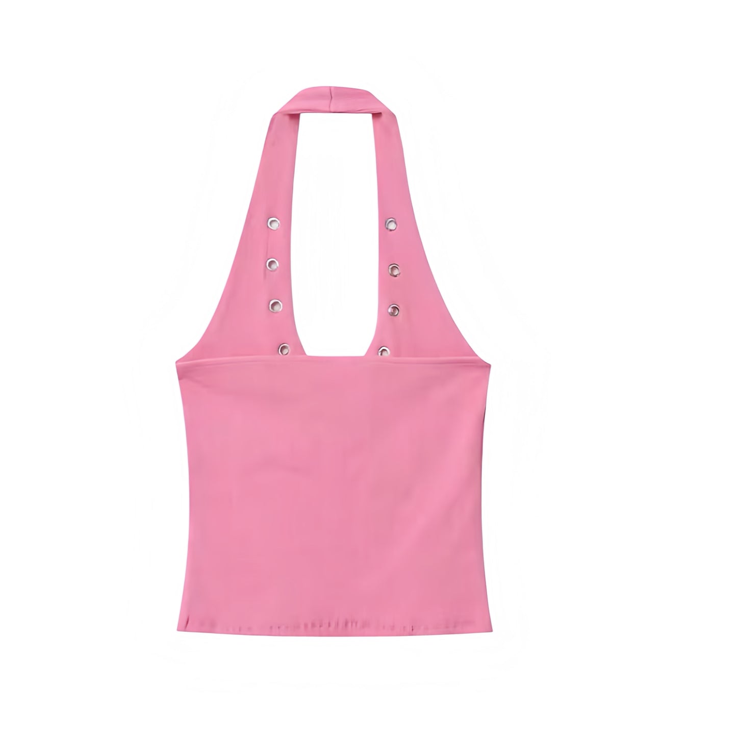Pink slim fit studded sleeveless scoop-neck backless halter tank top with metallic detailing, slim bodycon silhouette, skinny fit design, and cropped cut. Sexy corset-inspired camisole top for womens, teens, and ladies. Perfect for summer and fall 2025 feminine vintage retro fashion, casual everyday wear, Y2K chic coquette style, evening parties, night out, going out looks, sexy club wear, festival outfits, rave and concert styles, western cowgirl rockstar vibes, Ibiza fashion, boho chic, Stockholm style.