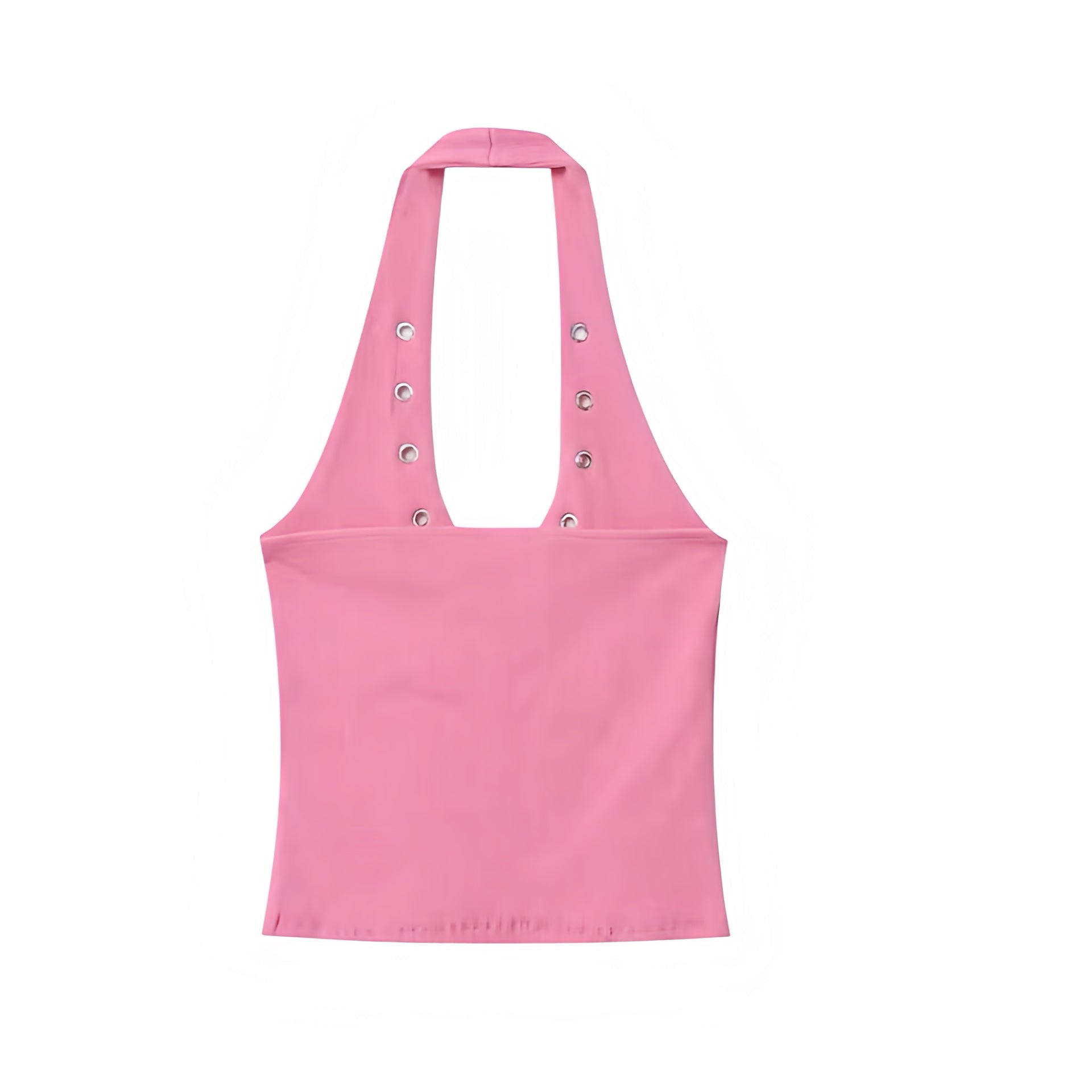 Pink slim fit studded sleeveless scoop-neck backless halter tank top with metallic detailing, slim bodycon silhouette, skinny fit design, and cropped cut. Sexy corset-inspired camisole top for womens, teens, and ladies. Perfect for summer and fall 2025 feminine vintage retro fashion, casual everyday wear, Y2K chic coquette style, evening parties, night out, going out looks, sexy club wear, festival outfits, rave and concert styles, western cowgirl rockstar vibes, Ibiza fashion, boho chic, Stockholm style.