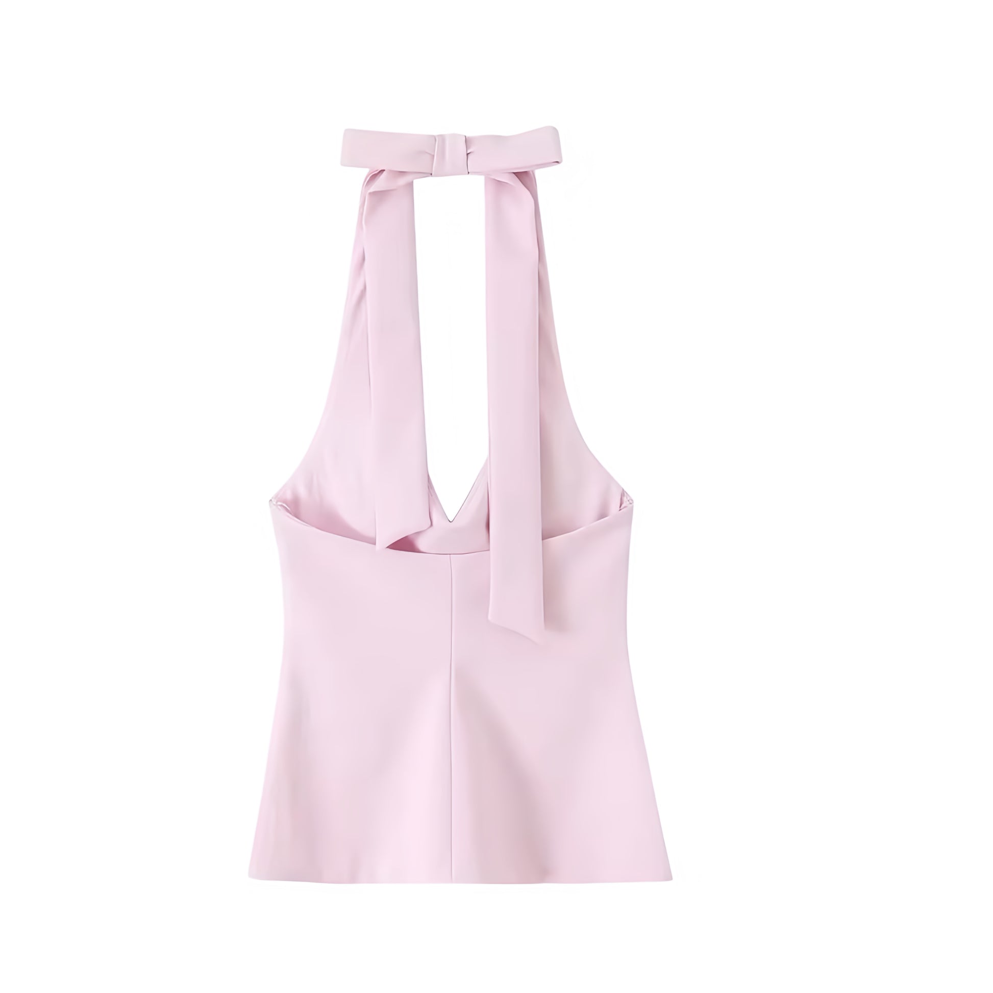 Light pink slim fit V-neck halter corset tank top, sleeveless backless bustier bodycon crop top for women, trendy chic sexy Y2K club night out summer fall 2025 outfit.