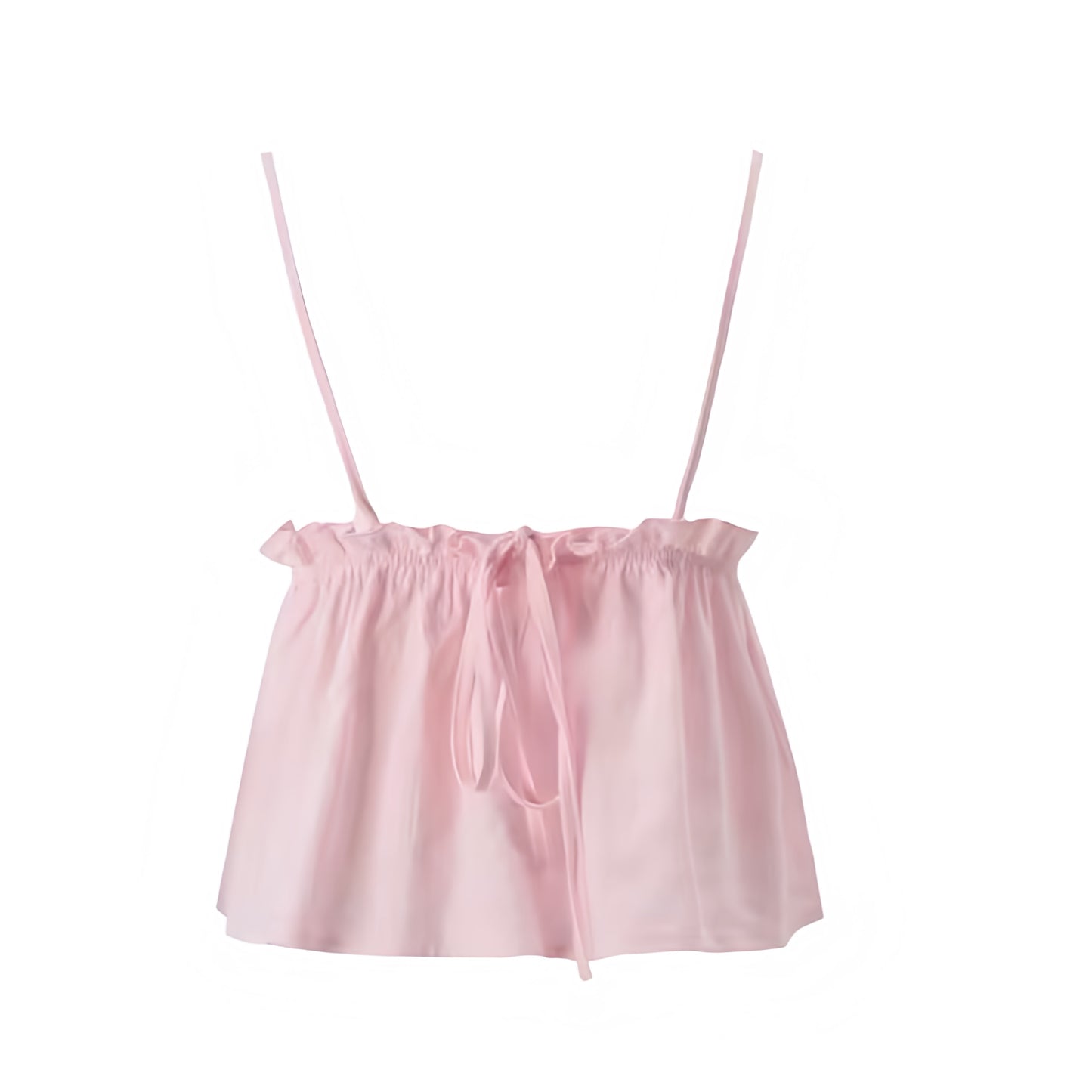 Light pink baby pink pastel pink slim fit V neck backless camisole tank top with spaghetti strap sleeveless design and ruffle trim bow embellished details. Flowy pleated plisse peplum babydoll style crop top blouse for womens teens ladies. Y2K style coquette top dollette fashion soft girl style clean girl outfits boho chic bohemian streetwear fashion hot girl outfit baddie outfits scandi style.

