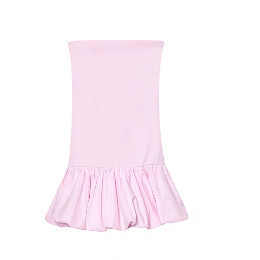 Light pink slim fit strapless corset bodycon sleeveless backless a-line square neckline drop waist peplum bubble skirt flared plissé pleated short mini dress sundress for women and teens, chic trendy preppy elegant feminine fashion, Y2K sexy summer 2025 outfit for prom, hoco, homecoming, school, sorority rush, casual everyday holiday vacation, night out party going out club wear, with global shipping to USA, UK, Europe, Australia, and Canada.