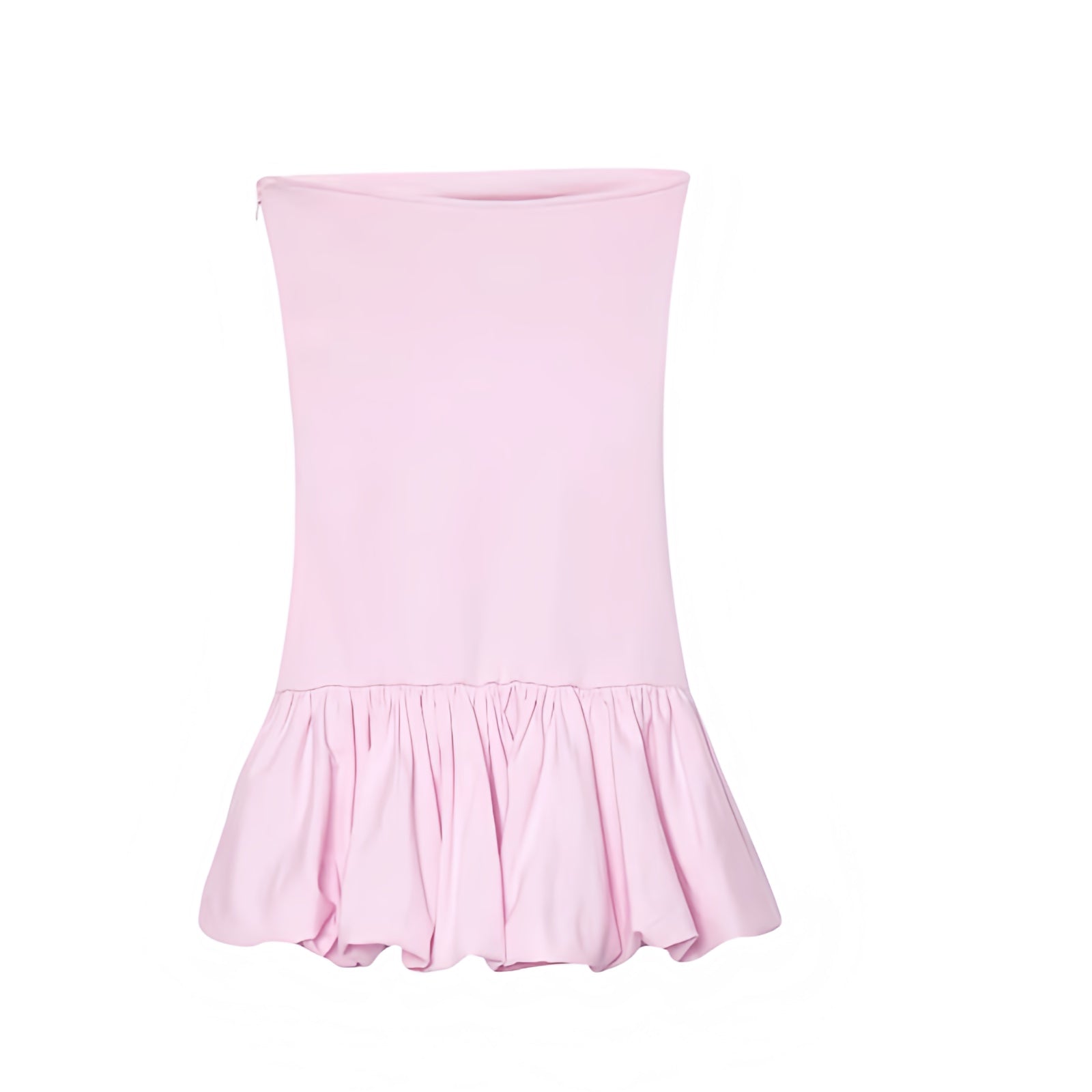Light pink slim fit strapless corset bodycon sleeveless backless a-line square neckline drop waist peplum bubble skirt flared plissé pleated short mini dress sundress for women and teens, chic trendy preppy elegant feminine fashion, Y2K sexy summer 2025 outfit for prom, hoco, homecoming, school, sorority rush, casual everyday holiday vacation, night out party going out club wear, with global shipping to USA, UK, Europe, Australia, and Canada.