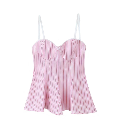 Light Pink Striped Bow Lace Trim Corset Camisole Tank Top Bustier Slim Fit Crop Blouse with Sweetheart Neckline Peplum Flared Ruffle Trim Plissé Pleated Sleeveless Backless Preppy Y2K Summer 2025 Fashion Available worldwide with fast shipping to US, UK, Canada, Australia, France, Germany, Denmark, Europe, and Asia.