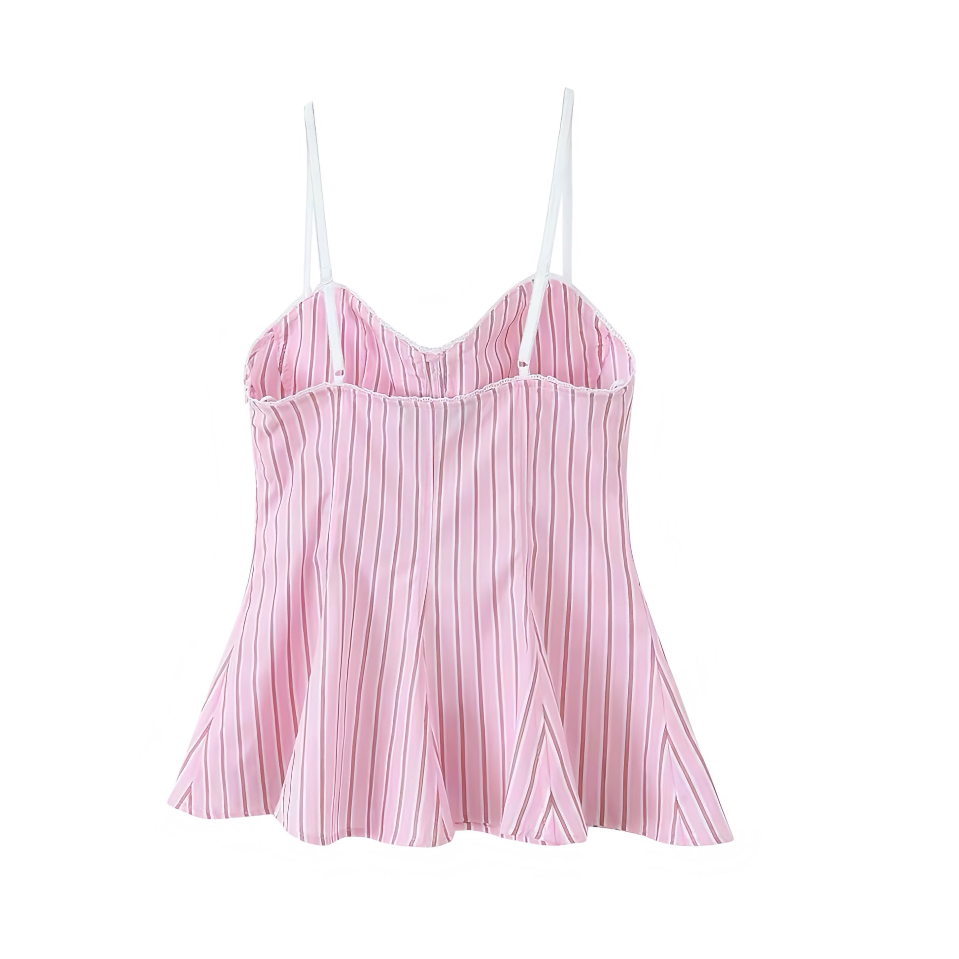Light Pink Striped Bow Lace Trim Corset Camisole Tank Top Bustier Slim Fit Crop Blouse with Sweetheart Neckline Peplum Flared Ruffle Trim Plissé Pleated Sleeveless Backless Preppy Y2K Summer 2025 Fashion Available worldwide with fast shipping to US, UK, Canada, Australia, France, Germany, Denmark, Europe, and Asia.