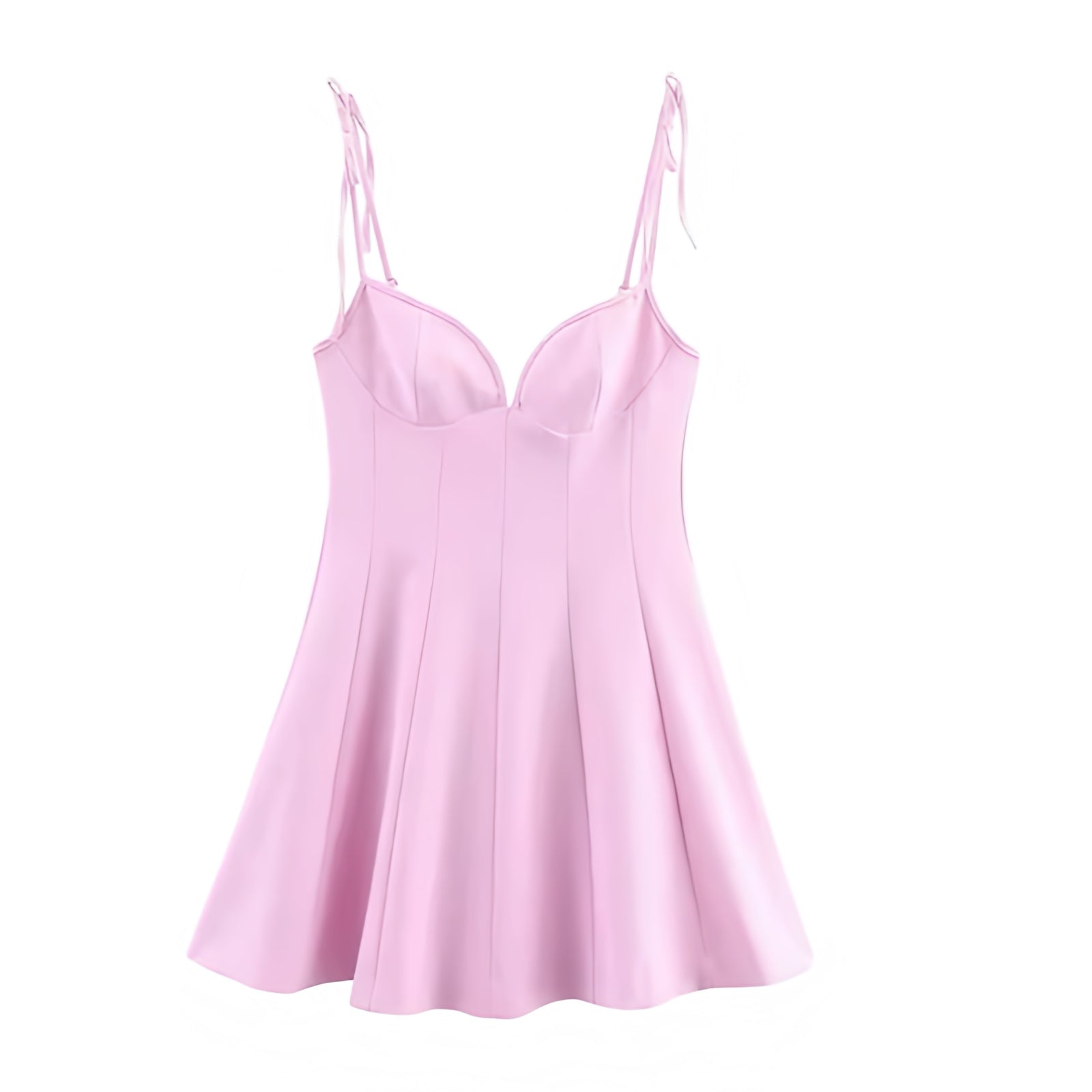 Light pink slim fit bodycon corset bustier sweetheart neckline spaghetti strap sleeveless backless a-line drop waist flared plissé pleated short mini dress sundress for women and teens, chic trendy preppy elegant feminine fashion, Y2K sexy summer 2025 casual everyday holiday vacation brunch sorority rush prom hoco homecoming school party going out night out club wear, with global shipping to USA, UK, Europe, Australia, and Canada.