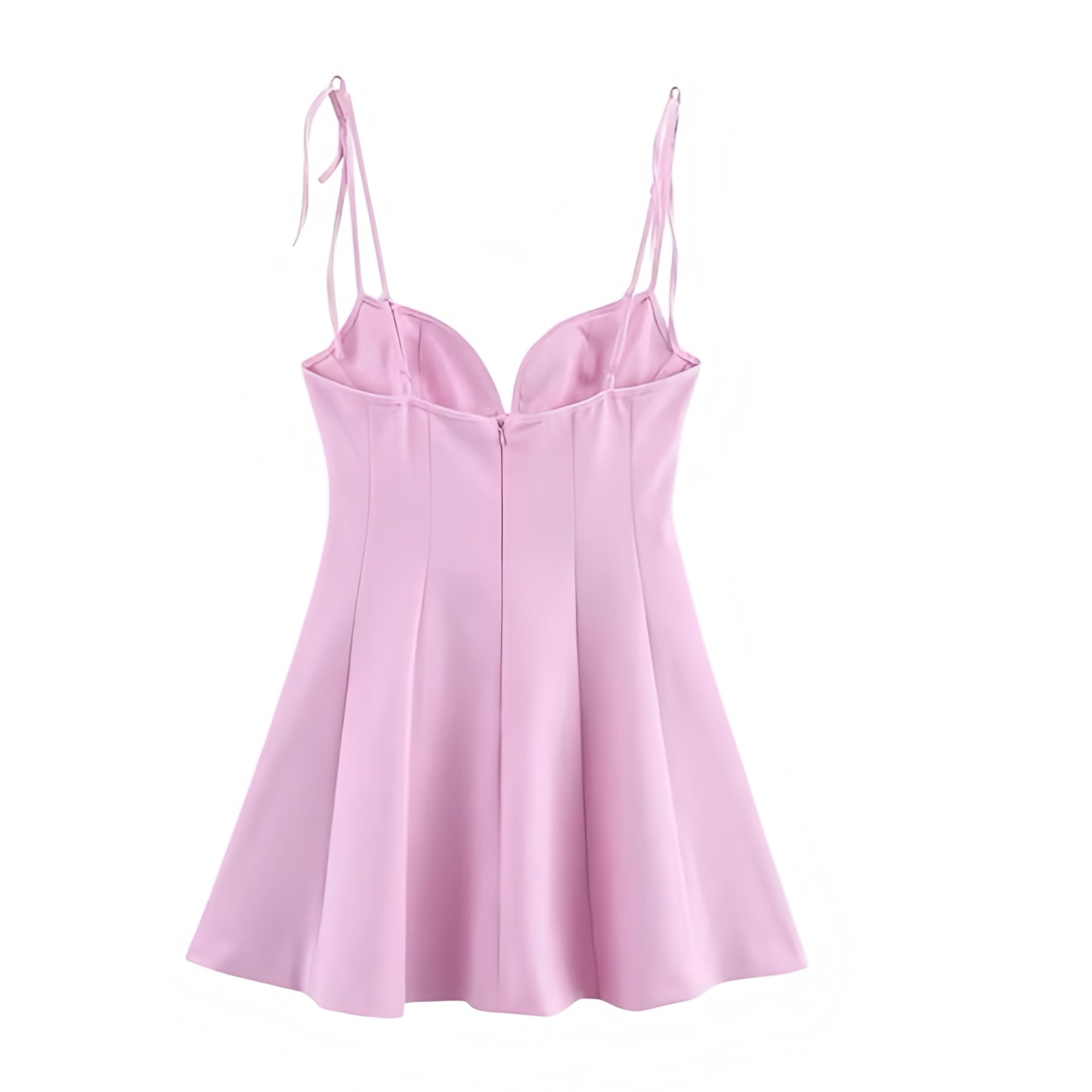 Light pink slim fit bodycon corset bustier sweetheart neckline spaghetti strap sleeveless backless a-line drop waist flared plissé pleated short mini dress sundress for women and teens, chic trendy preppy elegant feminine fashion, Y2K sexy summer 2025 casual everyday holiday vacation brunch sorority rush prom hoco homecoming school party going out night out club wear, with global shipping to USA, UK, Europe, Australia, and Canada.