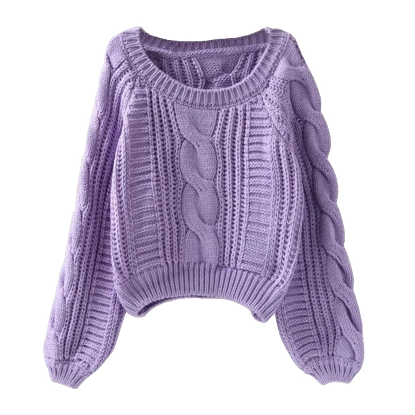 Light purple cable knit oversized long sleeve pullover sweater for women and teens, soft cozy chunky knitted jumper with ribbed textured pattern and round neckline, thick warm pastel lilac knitwear for fall autumn winter 2025, feminine Scandinavian and preppy style sweater, clean-girl soft-girl streetwear outfit, Zara and Aritzia dupe fashion, elegant cozy everyday knit, ships globally and worldwide to US, UK, Canada, Europe, Australia, and Asia.