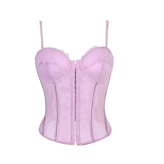Light purple pastel purple floral flower patterned lace lace trim translucent transparent mesh slim fit bodycon silhouette corset bustier underwire push up v neck sweetheart neckline spaghetti strap sleeveless lace up back cinched waist adjustable camisole crop tank top bra bralette intimate lingerie underwear under garments shapewear womens teens ladies spring summer fall autumn winter 2026 feminine fashion coquette y2k chic trendy vintage retro evening party night out sexy club wear ships worldwide