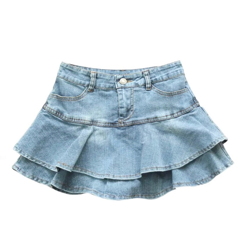 light-bleach-wash-blue-faded-denim-jean-layered-ruffle-trim-mid-low-rise-waisted-slim-fit-micro-mini-skirt-skort-with-shorts-women-ladies-chic-trendy-spring-2024-summer-vintage-casual-feminine-party-date-night-out-sexy-club-wear-western-cow-girl-country-style-y2k-90s-minimalist-zara-revolve-aritzia-reformation-white-fox-princess-polly-babyboo-edikted-jaded-london-iamgia-pacsun-levi