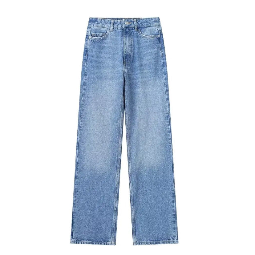 Light wash blue faded mid-rise wide leg denim jeans for women featuring a soft cotton blend, relaxed straight leg fit, and full-length silhouette. Designed with a flattering mid-rise waist and classic light blue faded finish for a chic, vintage-inspired look. Perfect for casual, minimalist, or Scandinavian streetwear outfits. Ideal for year-round wear in spring, summer, fall, and winter 2025. Ships globally and worldwide to the US, UK, Canada, Australia, and Europe.