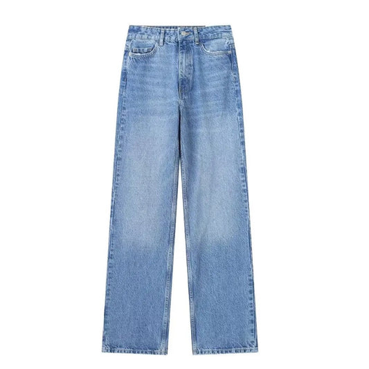 Light wash blue faded mid-rise wide leg denim jeans for women featuring a soft cotton blend, relaxed straight leg fit, and full-length silhouette. Designed with a flattering mid-rise waist and classic light blue faded finish for a chic, vintage-inspired look. Perfect for casual, minimalist, or Scandinavian streetwear outfits. Ideal for year-round wear in spring, summer, fall, and winter 2025. Ships globally and worldwide to the US, UK, Canada, Australia, and Europe.